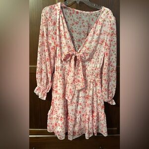 Floral Pink and White Dress with Bow